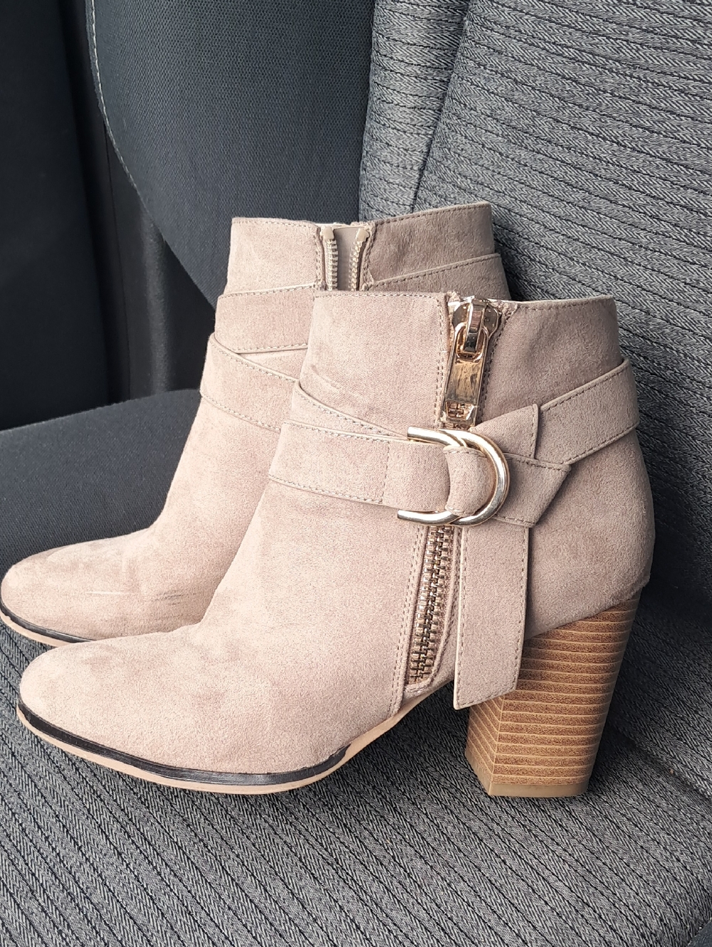 Suede Ankle Boots with Buckle Accent - Taupe